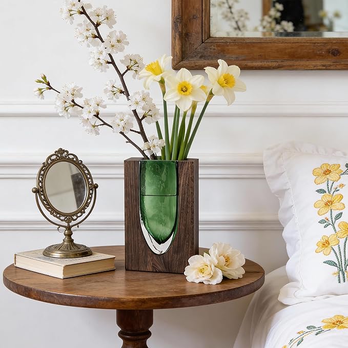 Wood and Glass Inlay Vases Farmhouse Wooden Glass Flower Vase Solid Wood Glass Vase Home Decor Vases for Centerpiece (9.37)