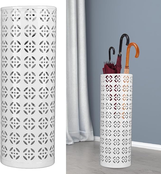 Fabater Umbrella Stand, Metal Umbrella Holder, Indoor Umbrella Rack Organizer with Hollow Design, Umbrella Storage for Entryway, Office, Home (White)