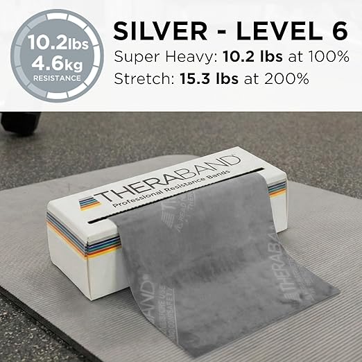 THERABAND Resistance Bands, 6 Yard Roll Professional Latex Elastic Band For Upper & Lower Body, Core Exercise, Physical Therapy, Pilates, Home Workouts, Rehab, Silver, Super Heavy, Level 7
