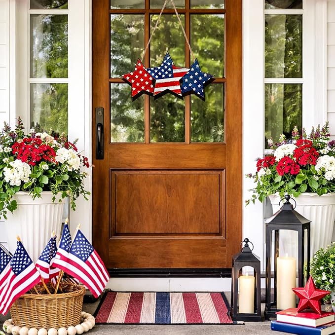 Wooden 4th of July Decorations Patriotic Wreaths for Front Door Independence Day Decorations Star Sign Welcome Memorial Day Hanging for Home Wall Decor Outdoor Indoor Red White and Blue Wreath 10