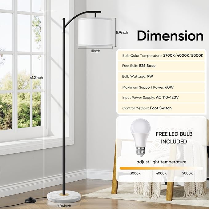 Floor Lamp for Living Room with Marble Base, Modern Standing Lamp with 3 Color Temperatures Bulb & Adjustable Linen Shade, Tall Lamp for Bedroom Office Reading Nursery