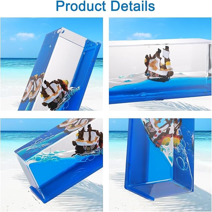 Unsinkable Thousand Sunny Pirate Ship in A Bottle - Floating Boat Liquid Motion Ocean Desk Decor, Unique Birthday Gifts for Men Women Anime Lovers, Desk Ornament for Home Office Decorations (Blue-c)