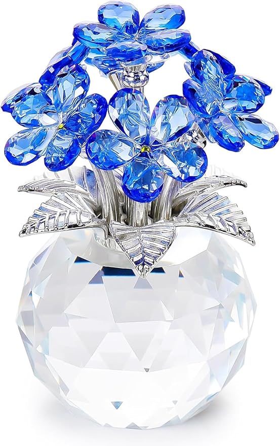 Qianwei Blue Forget Me Not Crystal Flowers - Sympathy Glass Flowers Collectible Figurines Decor Paperweight Ornament Home Office Table Desk Decorations