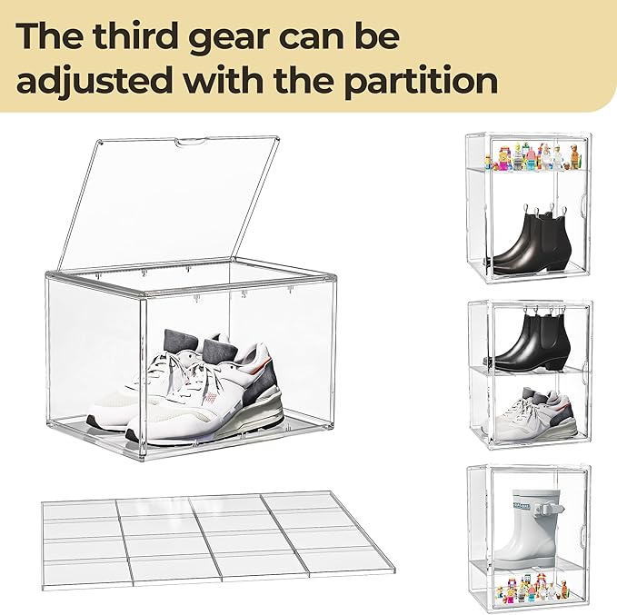 15.75''x11.81''x9.84'' XX-Large Clear Shoe Storage Boxes with Divider, Stackable Plastic Boot Boxes with Magnetic Door, Acrylic display case Box with Lids for Sneaker Purses Handbags Books (1)