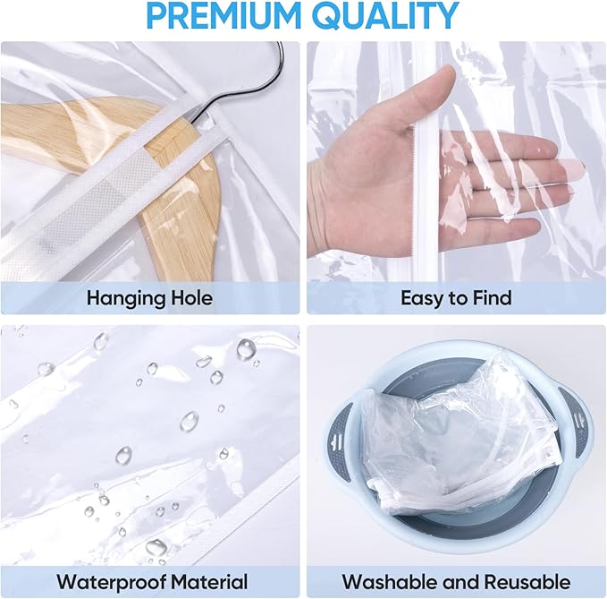 BALEINE 60'' Clear Garment Bags, 2 Packs PEVA Dress Bag for Closet Clothes Dresses Suit Coats Storage (Clear, 2PK)