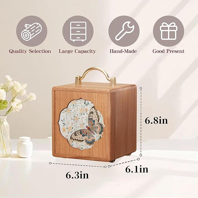 Wooden Jewelry Box for Women 4 Tier Walnut Wooden Jewelry Box with handle (Butterfly Prints A)