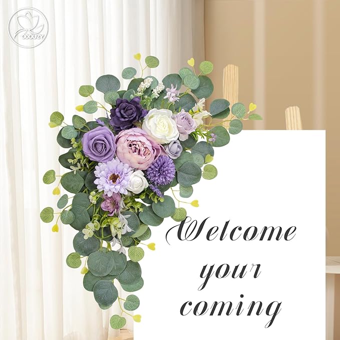 Odouzy Artificial Wedding Arch Flowers for Wedding Sign,Set of 2 for Wedding Welcome Ceremony Sign,Faux Floral Swags,Wedding, Banquet and Reception Backdrop Floral Decoration (Purple)