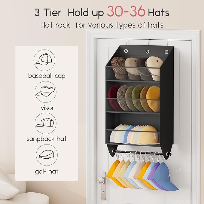 Over the Door Hat Rack - 3-Layer Design Hat Organizer Holds 30-36 Hats with 10 Hooks, Ideal Hat Rack for Door, Over the Door Organizer for Closet, Apartment, Bedroom, Dorm, 2 Pack, Black