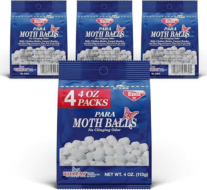Enoz Para Moth Balls, Kills Clothes Moths and Carpet Beetles, No Clinging Odor, 4 Oz (Pack of 4)