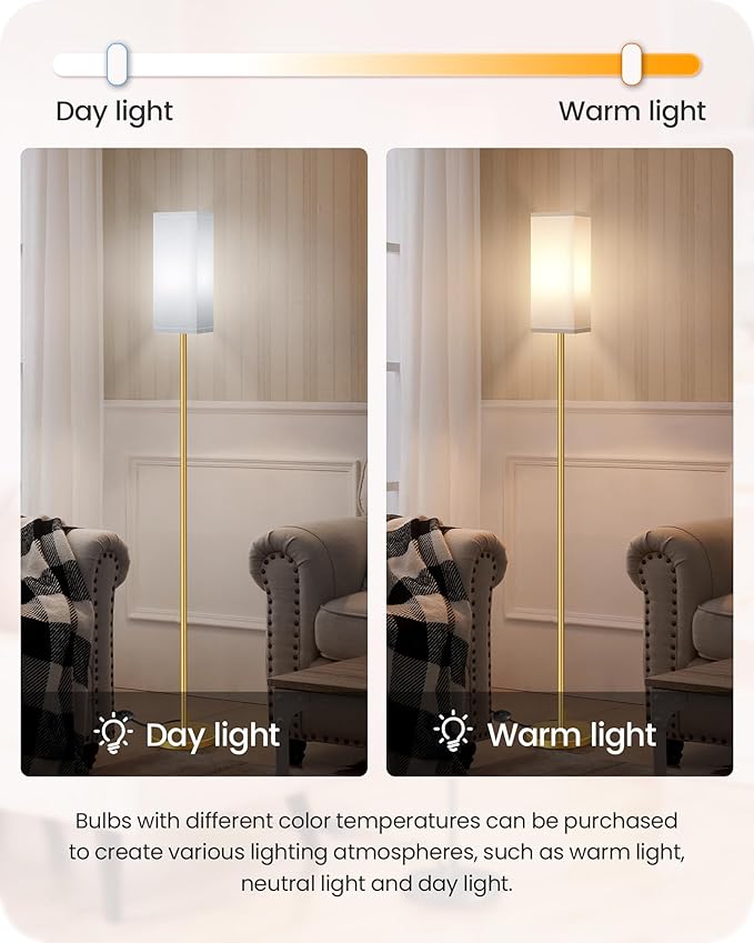 Floor Lamp, Pole with Foot Switch, Modern Standing Lamp Lampshade, Minimalist Freestanding Lamp (Bulb Not Included), for Living Room, Bedroom Office ETL Listed Gold and White DCW07LD05