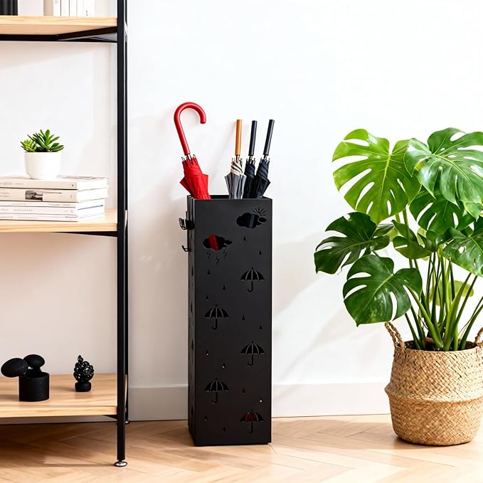 PrecisionAuto Versatile Metal Umbrella Stand for Entryway – Multi-Purpose Storage Rack – Cold-Rolled Steel, Removable Drip Tray & 4 Hooks – Stores Canes, Walking Sticks, Baseball Bats