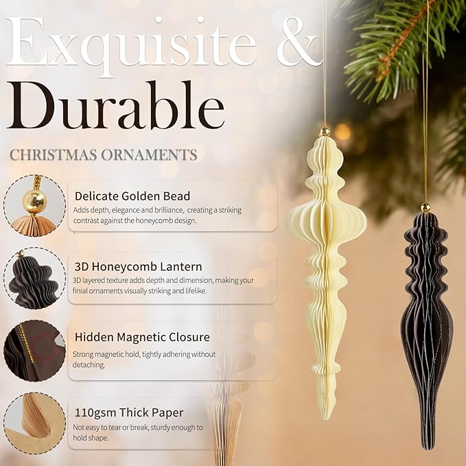 6Pcs Christmas Honeycomb Ornaments for Tree, 3D Paper Honeycomb Hanging Decorations Vintage Finial Christmas Ornaments Lanterns for Xmas Tree New Year Holiday Party Home Decor, Brown Khaki Beige