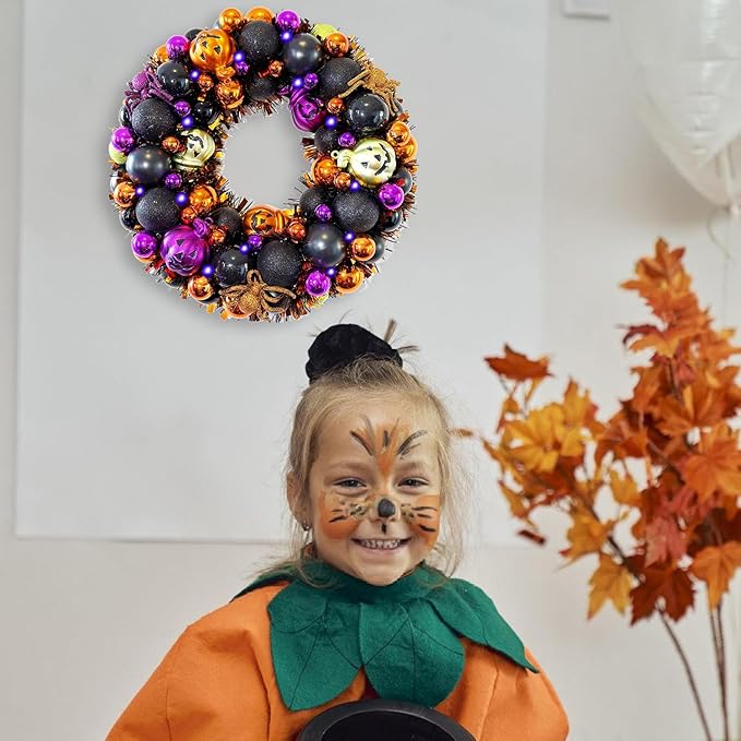 HipTree 13.8 Inch Halloween Ball Wreath for Front Door with Lights, Lighted Cute Treat-or-Trick Door Wreath Ball Ornament for Halloween Indoor Decorations Centerpiece Party Holiday Wall Home Decor