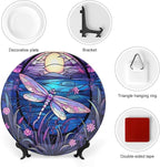 Decorative Plates for Home Decor, Bright Color Dragonfly Purple Stained Glass Print Decor Tray for Table Display, Ceramic Dinner Plate W/ Stand, Living Room Decor, Gifts for Dragonfly Lover, 6 Inch