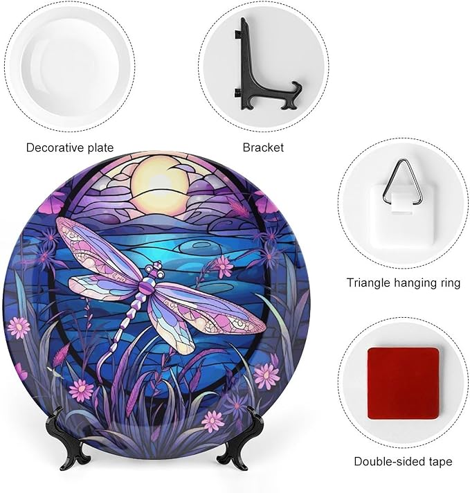 Decorative Plates for Home Decor, Bright Color Dragonfly Purple Stained Glass Print Decor Tray for Table Display, Ceramic Dinner Plate W/ Stand, Living Room Decor, Gifts for Dragonfly Lover, 6 Inch