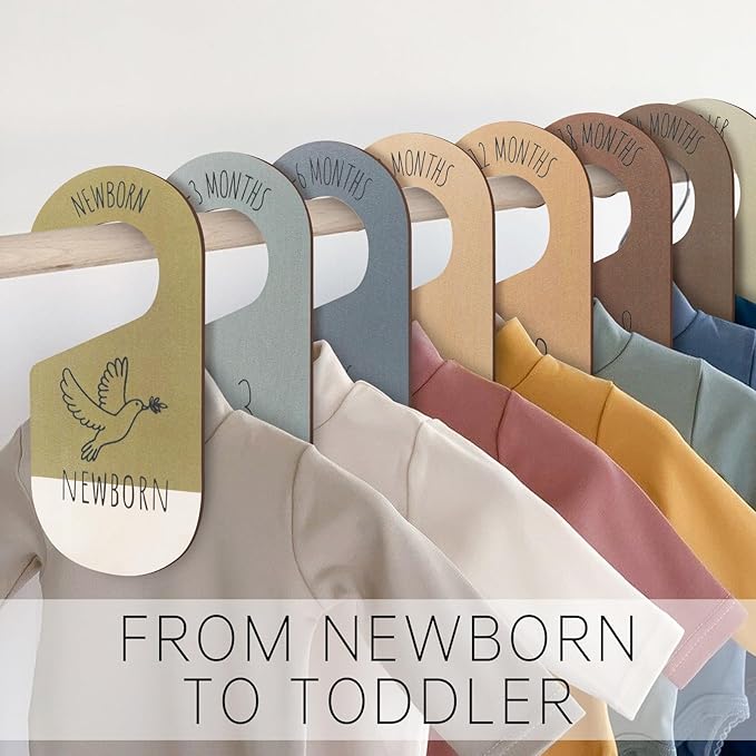 Baby Closet Dividers for Clothes Organizer - Set of 8 Wooden Double-Sided Baby Clothes Size Dividers form Newborn to Toddler for Daily Gender-Neutral Baby Nursery Decor