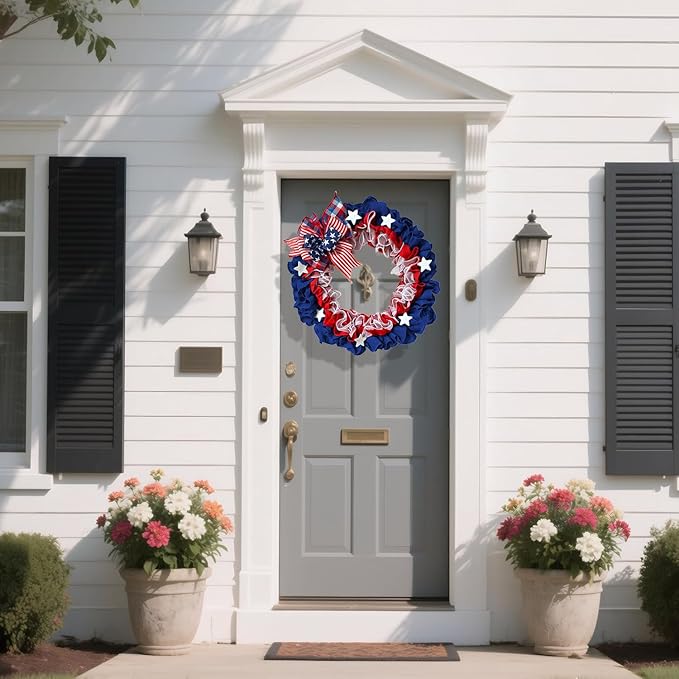 XKCL Patriotic Burlap Wreaths, 20 Inch 4th of July Wreath for Front Door Decorations Memorial Day Wreath Handcrafted American Flag Printed (Bule＆red)