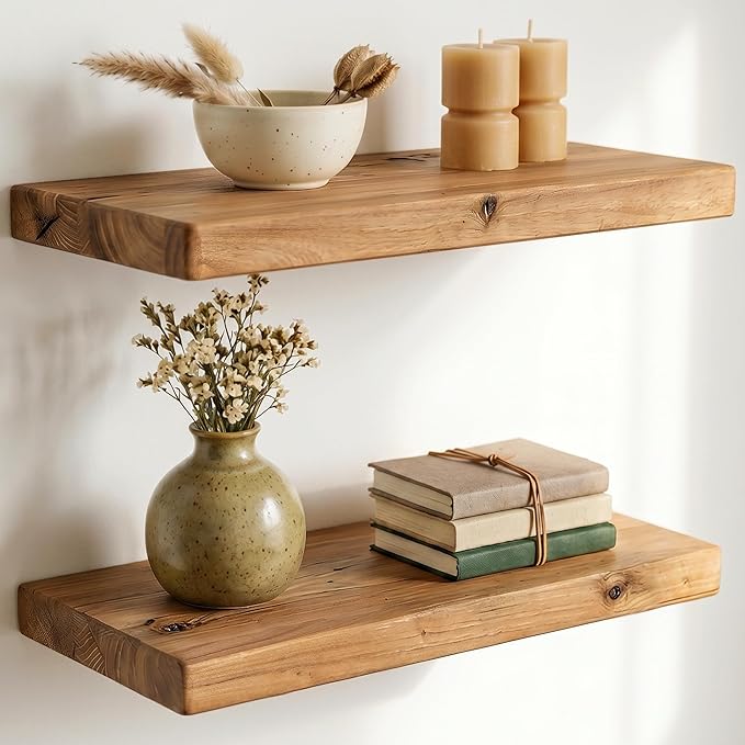 Dreamland Solid Elm Wood Floating Shelves, 18" W x 8" D Floating Shelf Wall Mounted, 8 Inch Deep Wall Shelves - Wooden Bathroom Shelf, Deep Bookshelf for Living Room, Kitchen Wall Shelf, Set of 2