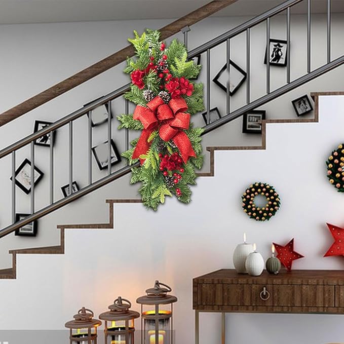SM SunniMix Christmas Swag Teardrop Swag Artificial Wreath Door Swag Decorative Bow Ornament Lightweight PP Material Suitable for Gift Giving Home Decoration, Red