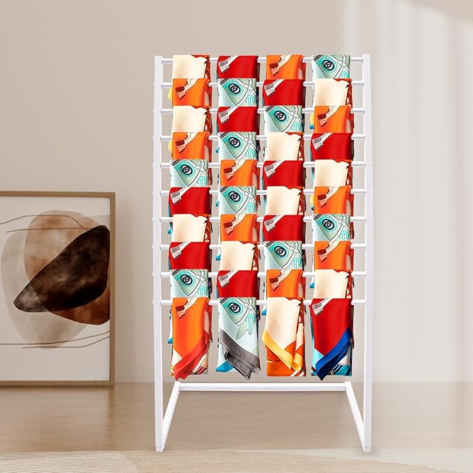 Scarf Display Stand, 10 Tier Metal Scarf Holder Organizer, Freestanding Scarf Rack, for Hanging Towels, Scarves, Clothes, Shawls, Blankets, Bandana, for Commercial Clothing Retail Store (White)