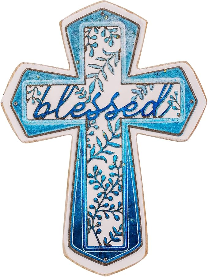 OKSQW 11" Wall Cross Handmade White Wood & Blue Iron Christians Spiritual Religious Cross with Hook Christmas Wall Hanging Cross with Blessed Design Crucifix Gift for Church Home Room Decor