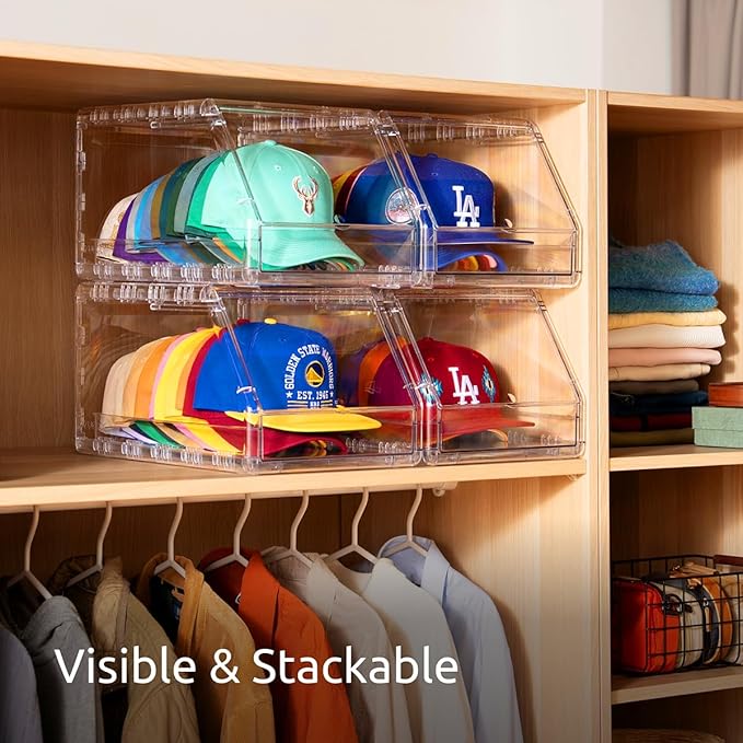 2 Pack Hat Organizer for Baseball Caps – Stackable Clear Display Box with Sliding Drawer, Holds 15 Baseball Caps, Closet and Shelf Organizer for Hats, Transparent Display with Anti-Slip Feet