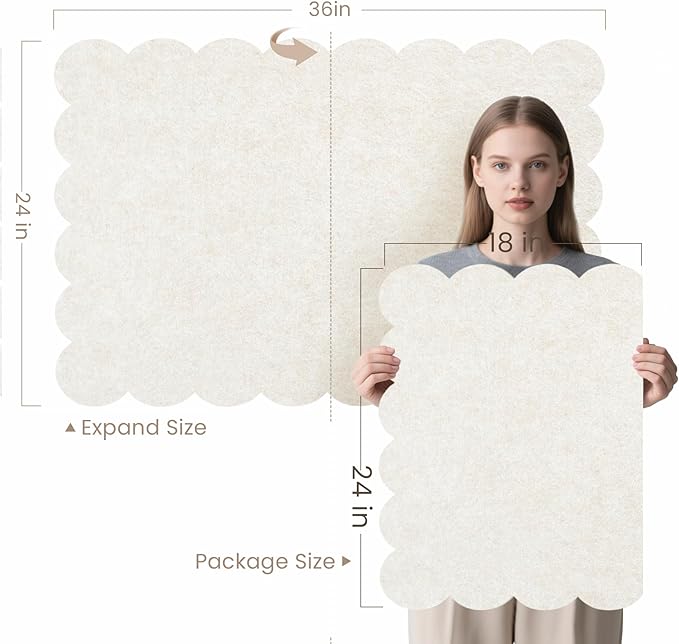Scalloped Bulletin Board, 36 x 24 Inches Felt Pin Board - Decorative Cork Alternative for Wall, 3' x 2' Foldable Picture Self-Adhesive Vision Prayer Board with 20 Pushpins - Oatmeal