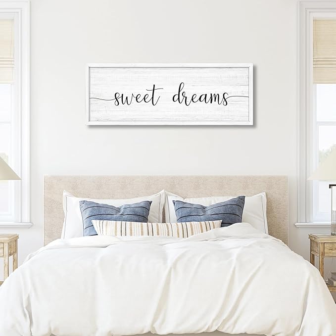 Sweet Dreams Wall Decor Above Bed 41.3''×15'' Large Farmhouse Wall Decor for Bedroom Guest Room Decor Framed Wood Wall Art Rustic Master Bedroom Wall Decoration (white frame)