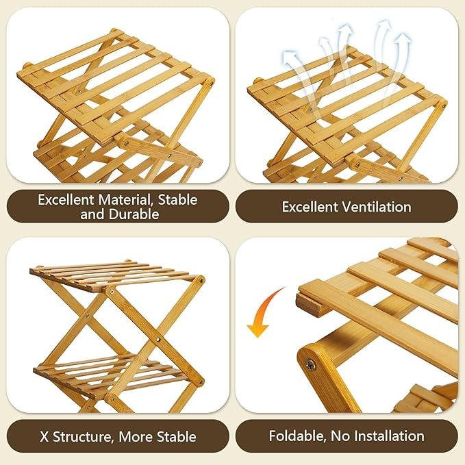 Simcat Bamboo Shoe Rack, Portable Folding Shoe Storage Rack,No Installation Free Standing Shoe Rack for Entryway, Closet, Dorm/Small Spaces (4 Tier)