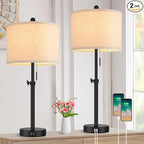 Adjustable Table Lamps for Bedroom Set of 2, 23''-30'' Height Adjusted Bedside Lamps with 2 USB Ports, Black Nightstand Lamps with Cream Linen Shade, Modern Industrial Living Room Lamp Set, Pull Chain