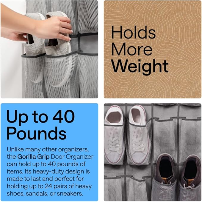 GORILLA GRIP Over the Door Shoe Organizer, 24 Large Breathable Mesh Pockets, Space Saving Hanging Storage Holder, Closet Rack Hanger Holds Up to 40 lbs, Hangs on Closets for Shoes, Accessories, Grey