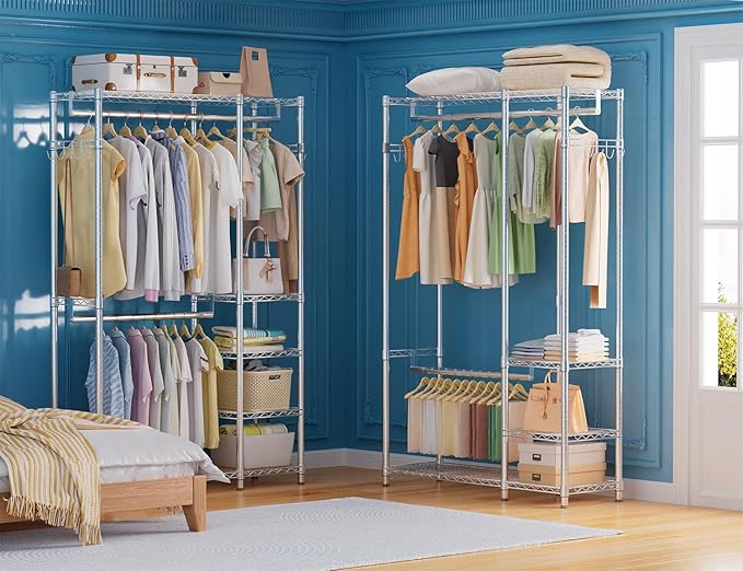 Simple Trending Heavy Duty Clothing Rack Loads 450 LBS, Garment Racks with Adjustable Shelves for Hanging Clothes, Metal Wardrobe Closet, Chrome