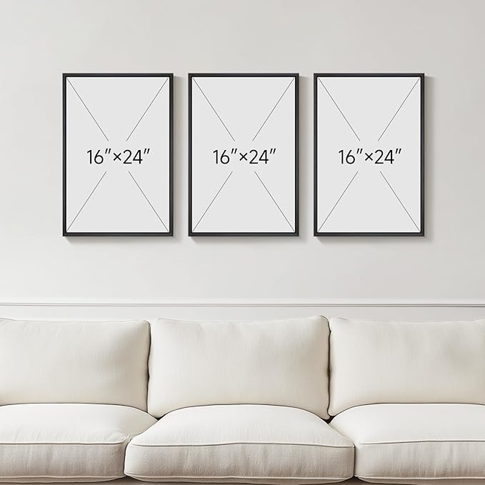 Framed Black and White Abstract Wall Art, 3 Piece Black Boho Floral Botanical Canvas Prints Painting for Living Room, Mid Century Modern Flower Artwork for Bedroom Hallway Office Home Decor, 16x24