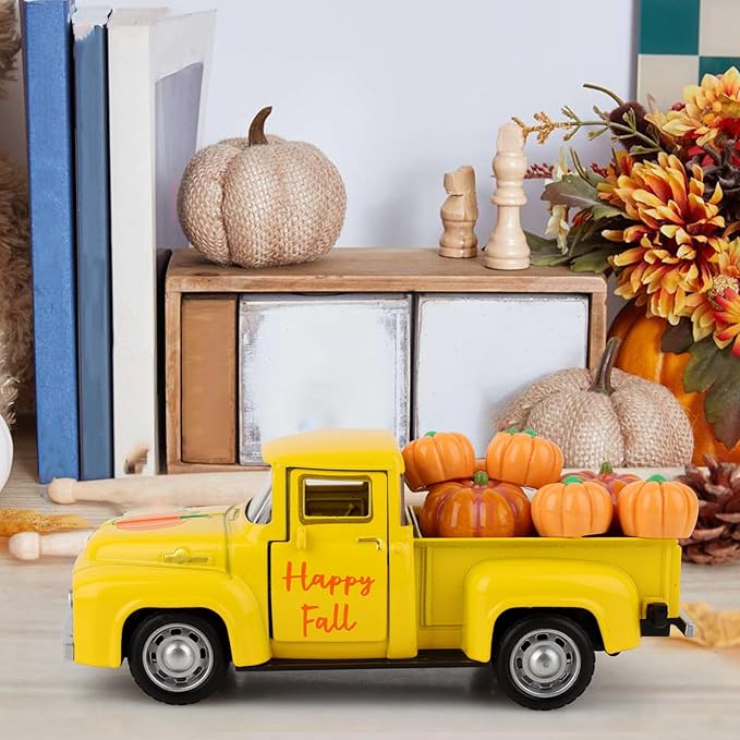 Fall Tiered Tray Decor Pumpkin Metal Truck with 8 PCS Plastic Pumpkin Fall Centerpieces for Thanksgiving Tables Home Kitchen Mantel Shelf Bookshelf Coffee Mini Truck Decorations