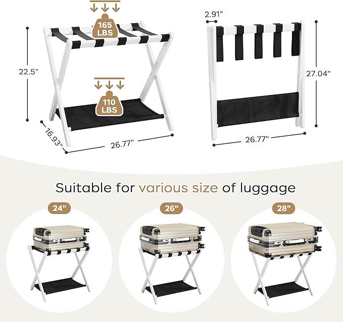 26.77" Full Assembled Luggage Rack for Guest Room, Set of 1 Bamboo Foldable Suitcase Stand, Bedroom & Hotel, Folding Luggage Holder with 5 Nylon Straps, 600D Oxford Fabric Shelf White