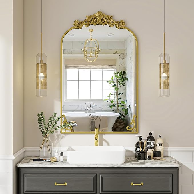VooBang 24x36 inch Vintage Arched Bathroom Mirror - Gorgeous Wall Vanity Mirror with Beautiful Retro Top and Bottom Engraving Process Frame for Entryway Hallway Living Room, Gold