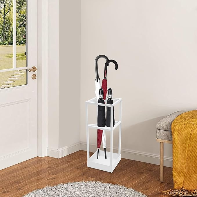 20 Inch Square Umbrella Stand, Metal Umbrella Rack Storage with shelf and Drip Tray, Entrance Umbrella Organizer for Storing Umbrellas, Hiking Poles, Canes (White)