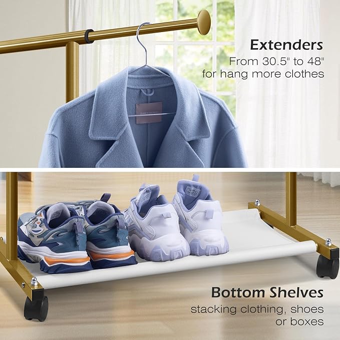 MISSLO Short Clothing Racks for Hanging Clothes with Bottom Shelves and Wheels Heavy Duty Rolling Clothes Rack Kids Clothing Rack for Adult Coat, Closet, Wardrobe (Gold)