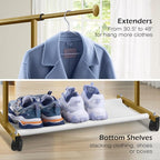 MISSLO Short Clothing Racks for Hanging Clothes with Bottom Shelves and Wheels Heavy Duty Rolling Clothes Rack Kids Clothing Rack for Adult Coat, Closet, Wardrobe (Gold)
