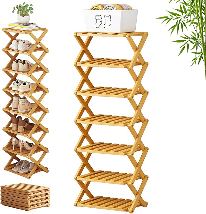 The 9-Tier No-Assembly Bamboo Rack, 3-9 Tiers Bamboo Shoe Rack, Foldable Bamboo Vertical Shoe Organizer, Multifunctional & Space-Saving, For Entryway, Closet, Corner, Bedroom, Hallway (Wood, 7Tiers)