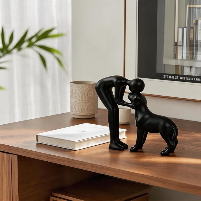 Abstract Resin Hand-Painted Sculpture of Person and Dog Bonding – Head-to-Head Intimate Figurine Decoration for Office、Living Room、Bedroom、Home， Memory Gifts for Pet Lovers (Black)