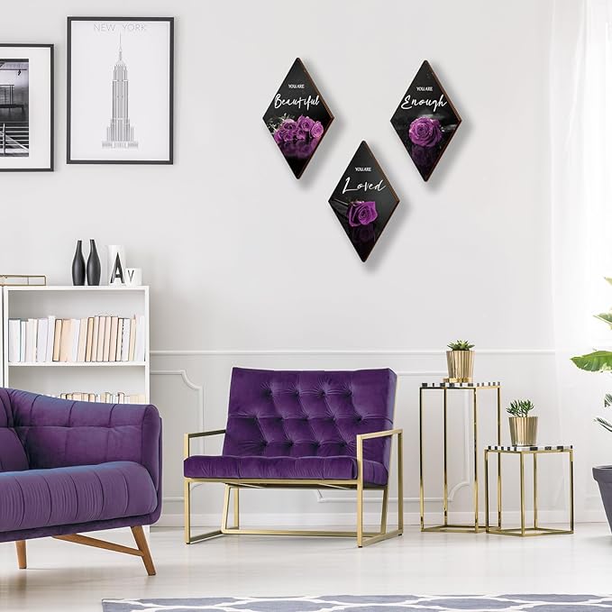 ONIZHITY 3-Piece Purple & Black Wall Decor - Rose Wooden Art with Positive Quotes for Bedroom, Bathroom & Wedding (12 x 7)