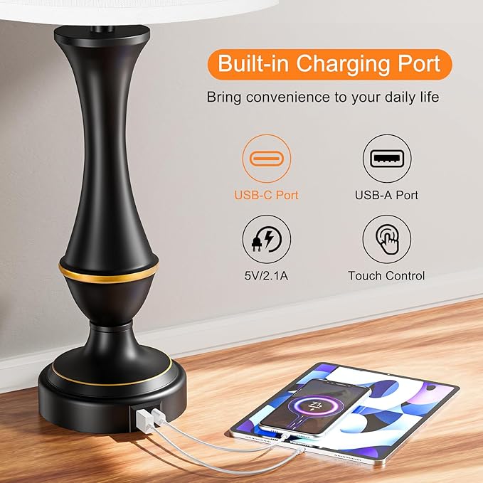 Seealle Upgraded Touch Lamps for Bedrooms Set of 2 - Nightstand Table Lamp with USB C+A, 3 Way Dimmable Lamps for Living Room, Office(White)