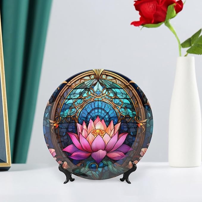 Moroccan Water Lily Stained Glass Print Decorative Plates Home Decor Ceramic Plates, Dinner Plates Display for Living Room, Kitchen, Hallway Console Side Table, Presents for Lotus Lover, 7 Inch