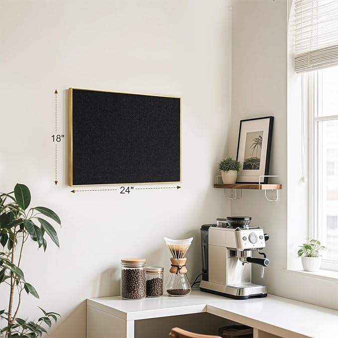 Linen Bulletin Board 24" x 18", Black Fabric Pin Board with Gold Aluminum Frame, Decorative Vision Board for Home Office, Bedroom & Dorm Wall Decor, Includes 10 Push Pins