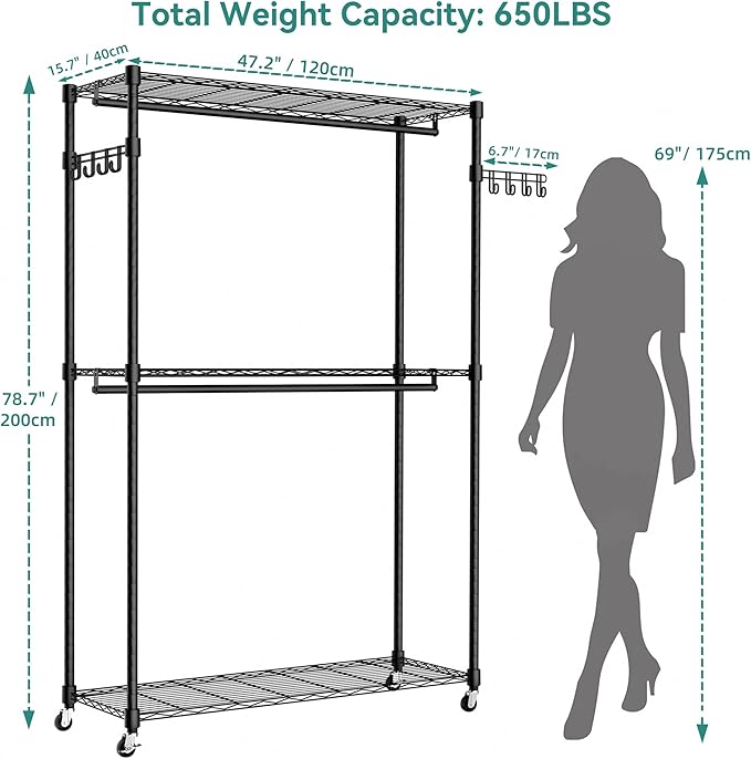 Heavy Duty Rolling Garment Rack, 3 Tiers Wire Shelves Adjustable Freestanding Portable Rolling Clothing Rack with Lockable Wheels, 47.2''L x 15.8''W x 78.8''H, Max Load 650LBS