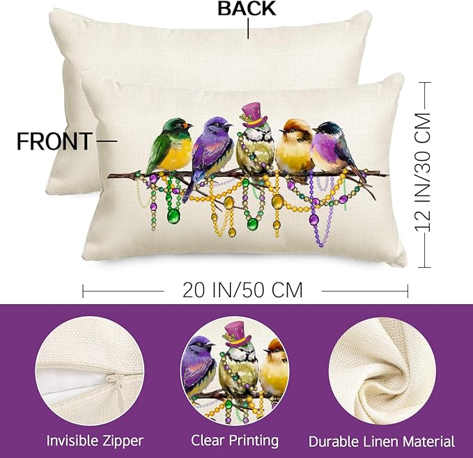 RABUSOFA Mardi Gras Pillow Cover 12x20 Inch Birds Beads Decorative Pillow Case Holiday Decorations for Home Sofa Couch