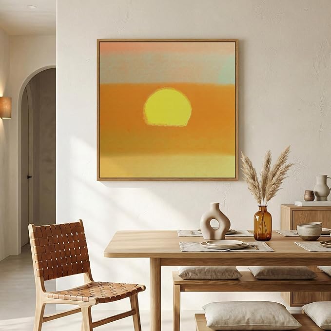 Framed Boho Abstract Sunset Wall Art for Living Room, Square Orange Minimalist Canvas Artwork for Walls, Mid Century Modern Bohemian Pictures Wall Decor for Bedroom Hallway Home Office, 24x24 Inch