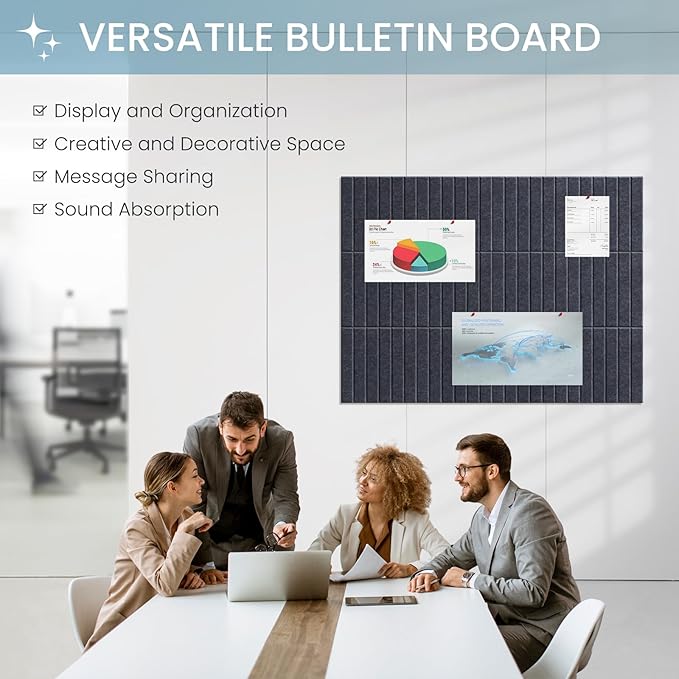 Large Cork Bulletin Board for Wall 48"x36", 12 Pack Felt Slat Wall Panel Tiles with 60 Pushpins, 50 Safe Removable Adhesive Tabs, Decorative Pin Board Tack Board for Office Home School