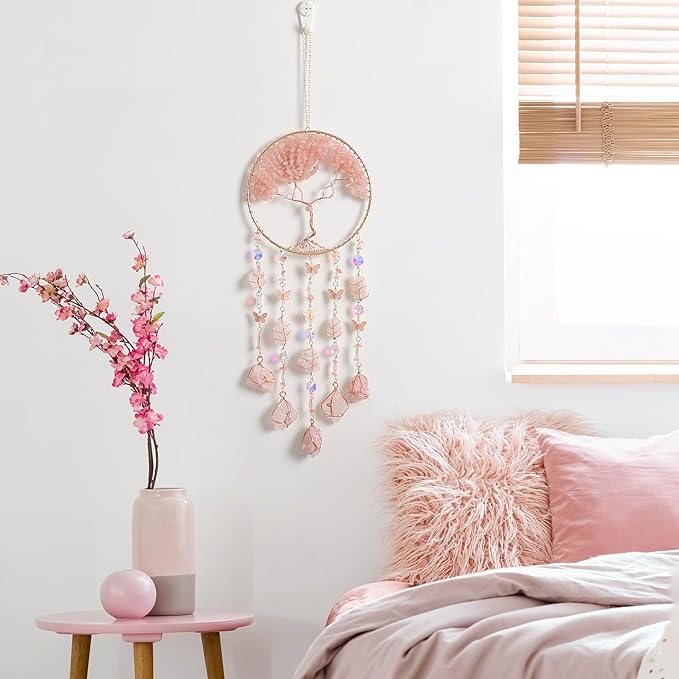 Pink Dream Catchers Crystal Tree of Life Dreamcatcher with Rose Quartz Butterfly Crystal Suncatcher for Windows Hangings Prism Decor Wall Bedroom Decoration Gifts for Boys Adults